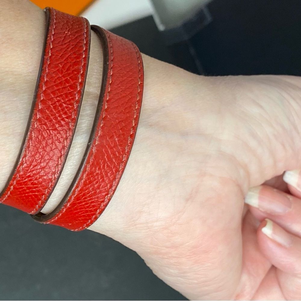 🛍️Hermes Authentic Red Leather Kelly Double Tour Bracelet with Silver Hardware - Picture 12 of 15